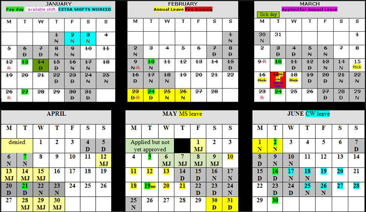 My Work Roster D=Day, N=NIght